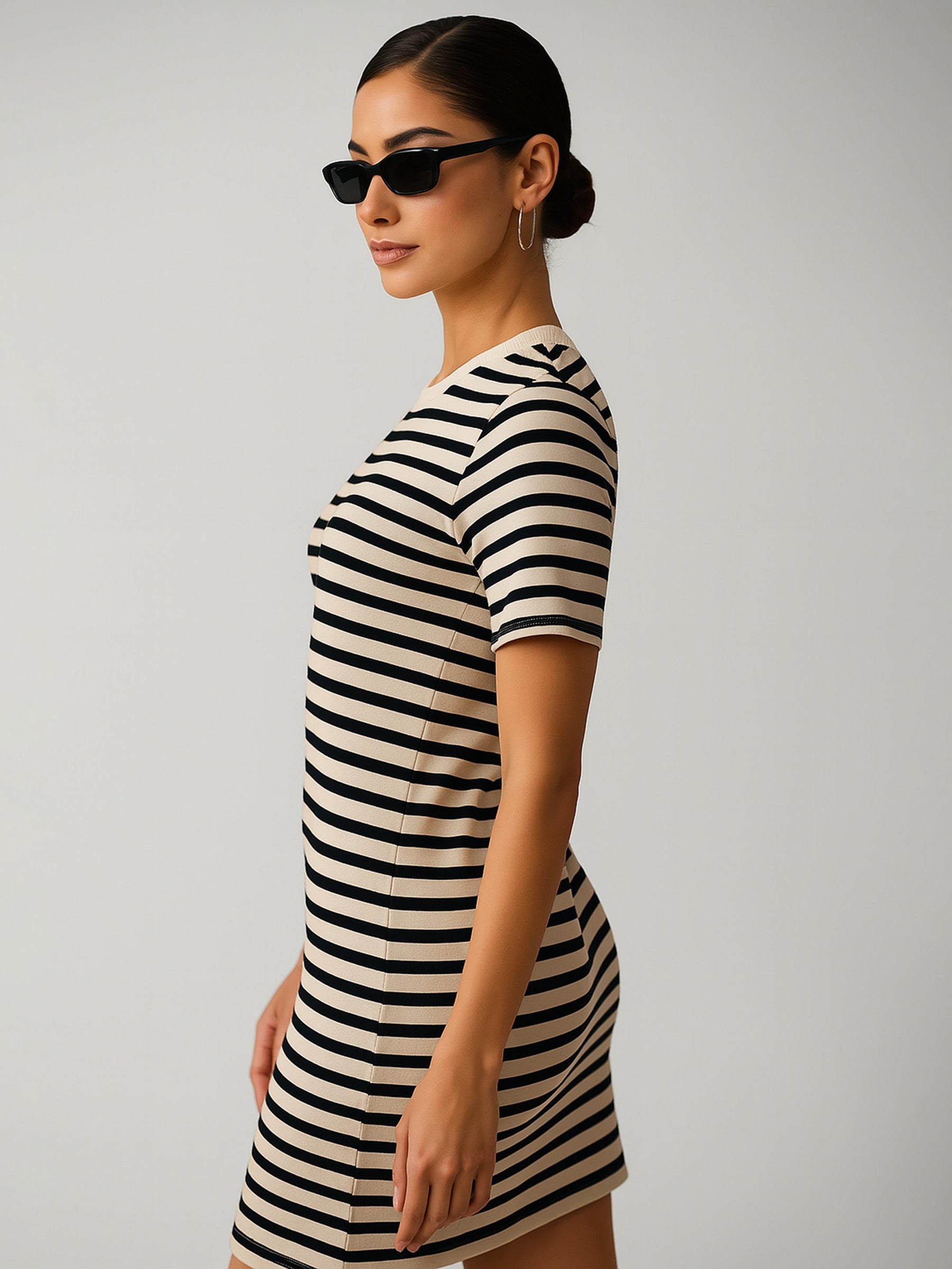 Black & Beige Stripe Short T-shirt Dress-SASSAFRAS