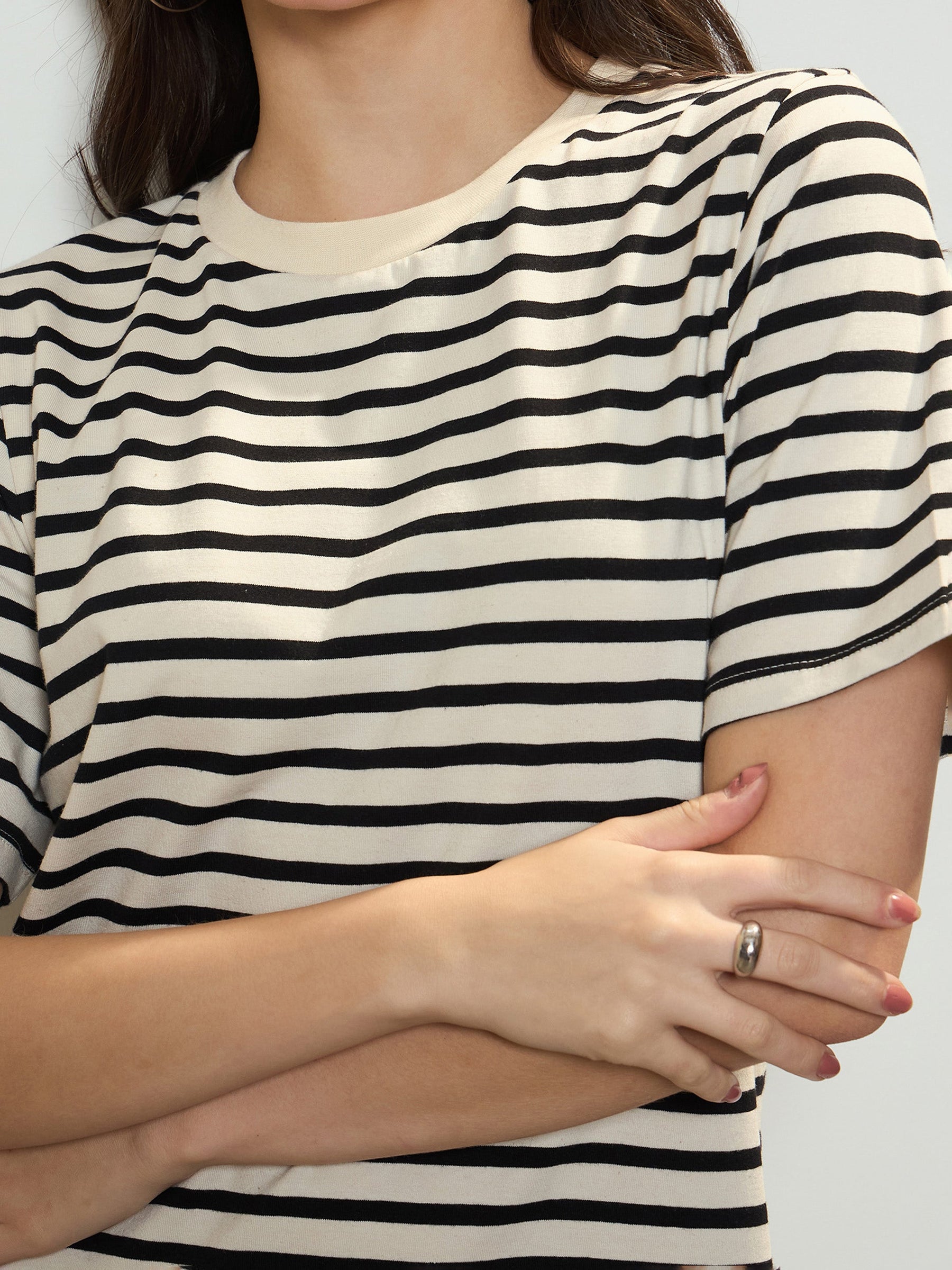 Black & Beige Stripe Short T-shirt Dress-SASSAFRAS