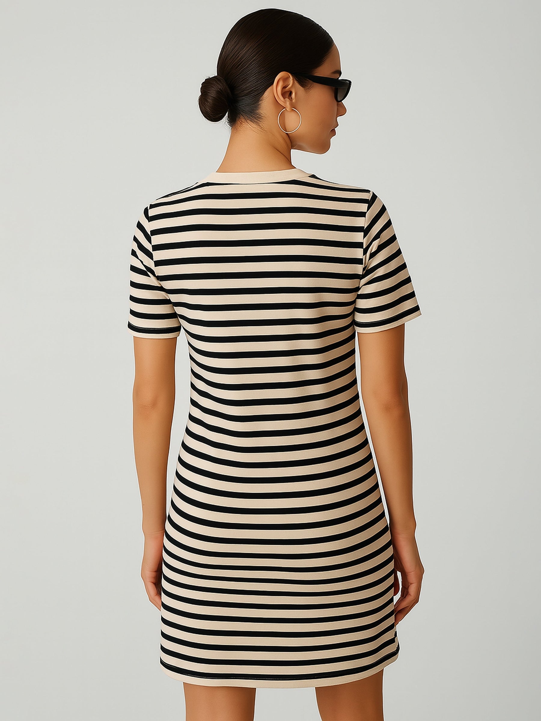 Black & Beige Stripe Short T-shirt Dress-SASSAFRAS