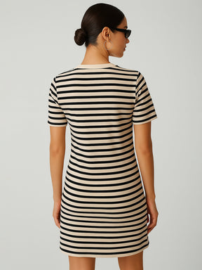Black & Beige Stripe Short T-shirt Dress-SASSAFRAS