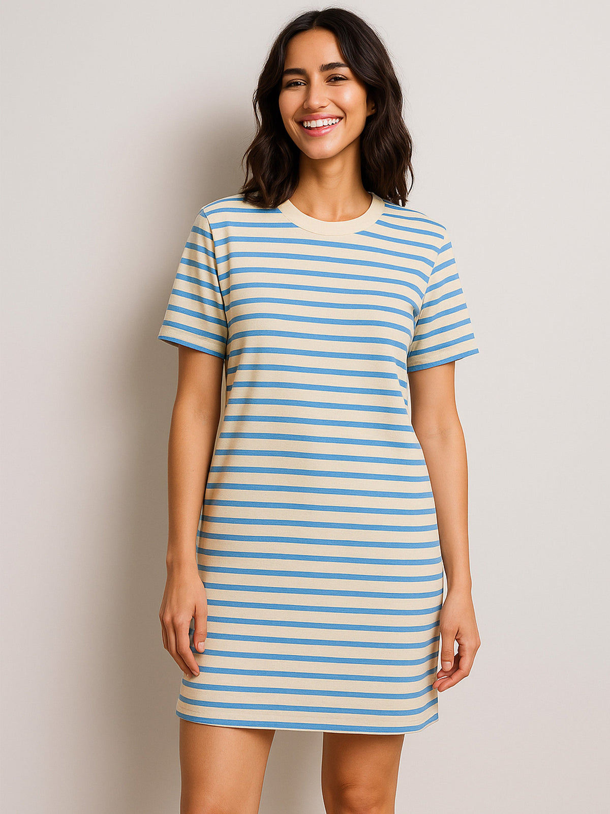 Blue & Beige Stripe Short T-shirt Dress-SASSAFRAS
