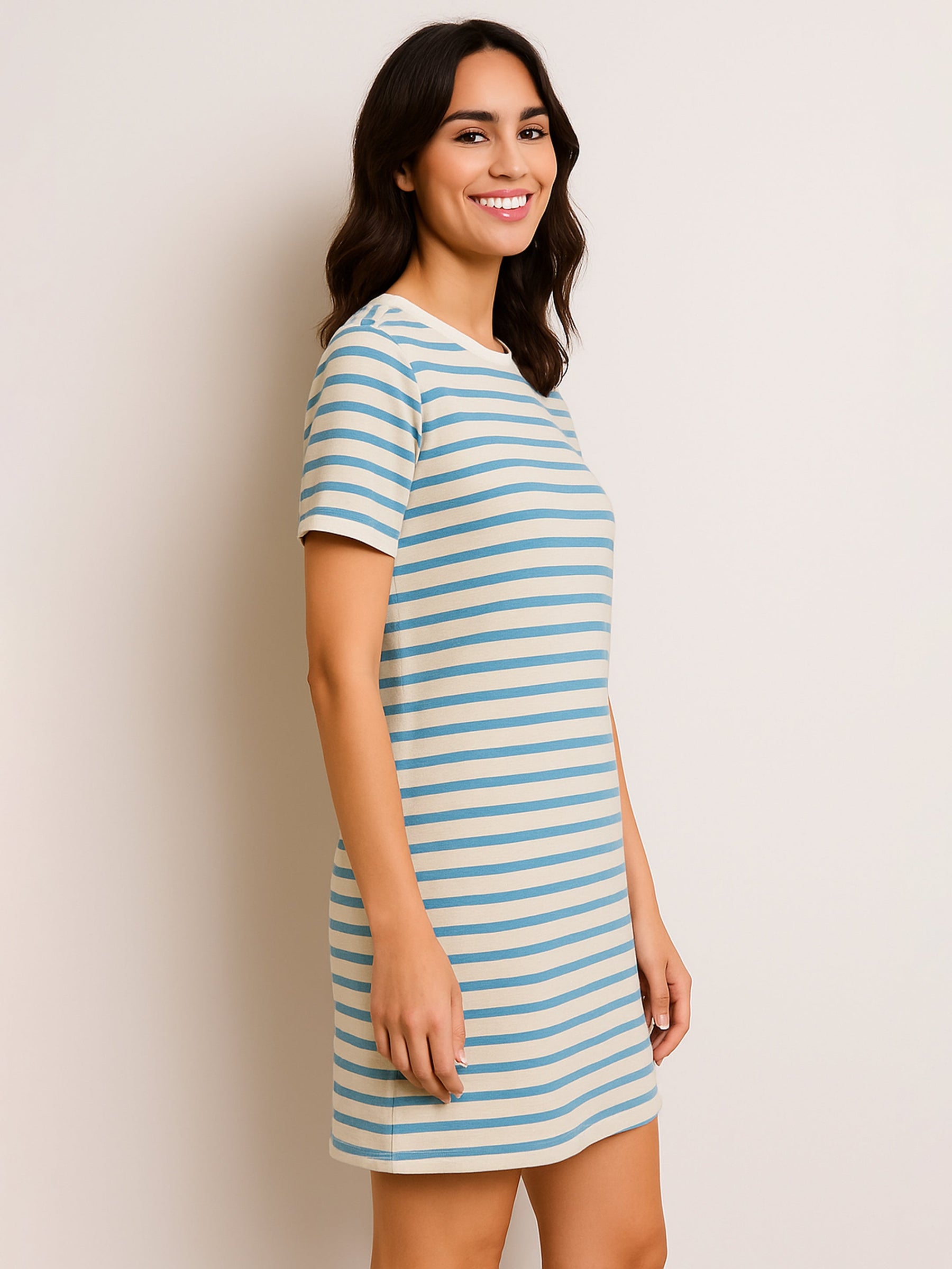 Blue & Beige Stripe Short T-shirt Dress-SASSAFRAS