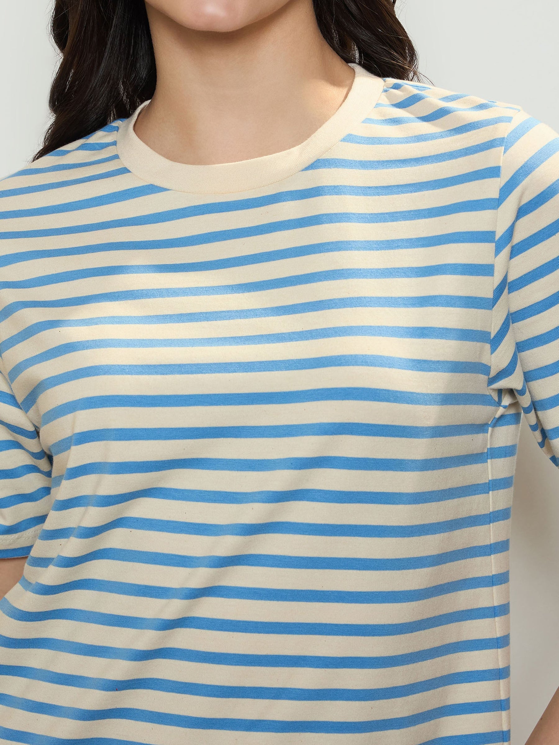 Blue & Beige Stripe Short T-shirt Dress-SASSAFRAS