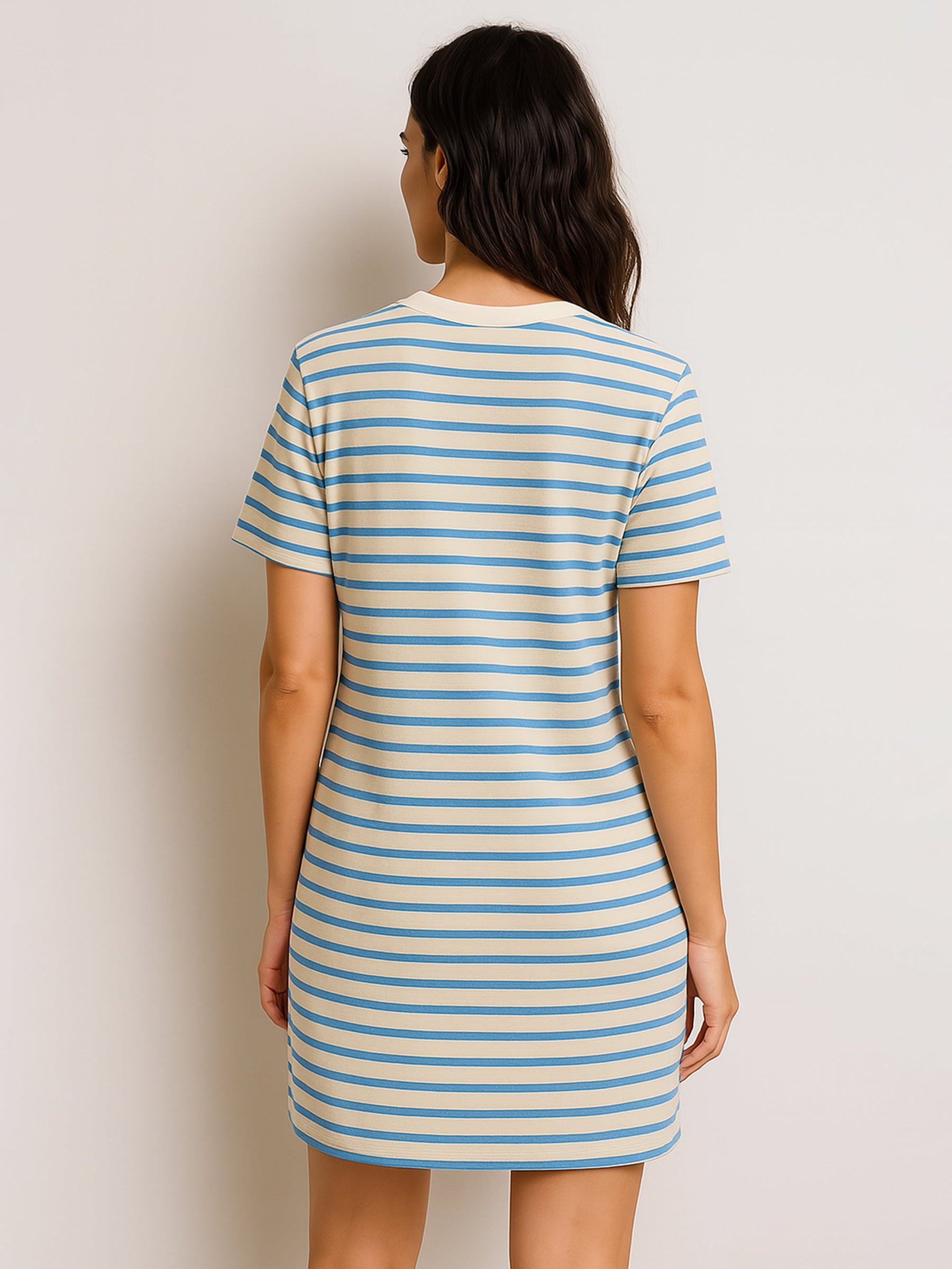 Blue & Beige Stripe Short T-shirt Dress-SASSAFRAS
