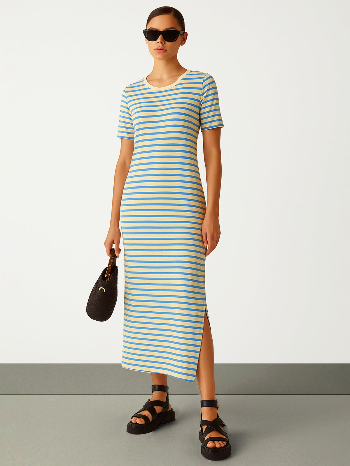 Blue & Beige Stripe T-shirt Maxi Dress-SASSAFRAS