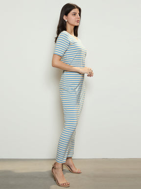 Blue & Beige Stripe T-shirt Maxi Dress-SASSAFRAS