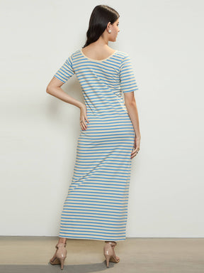 Blue & Beige Stripe T-shirt Maxi Dress-SASSAFRAS