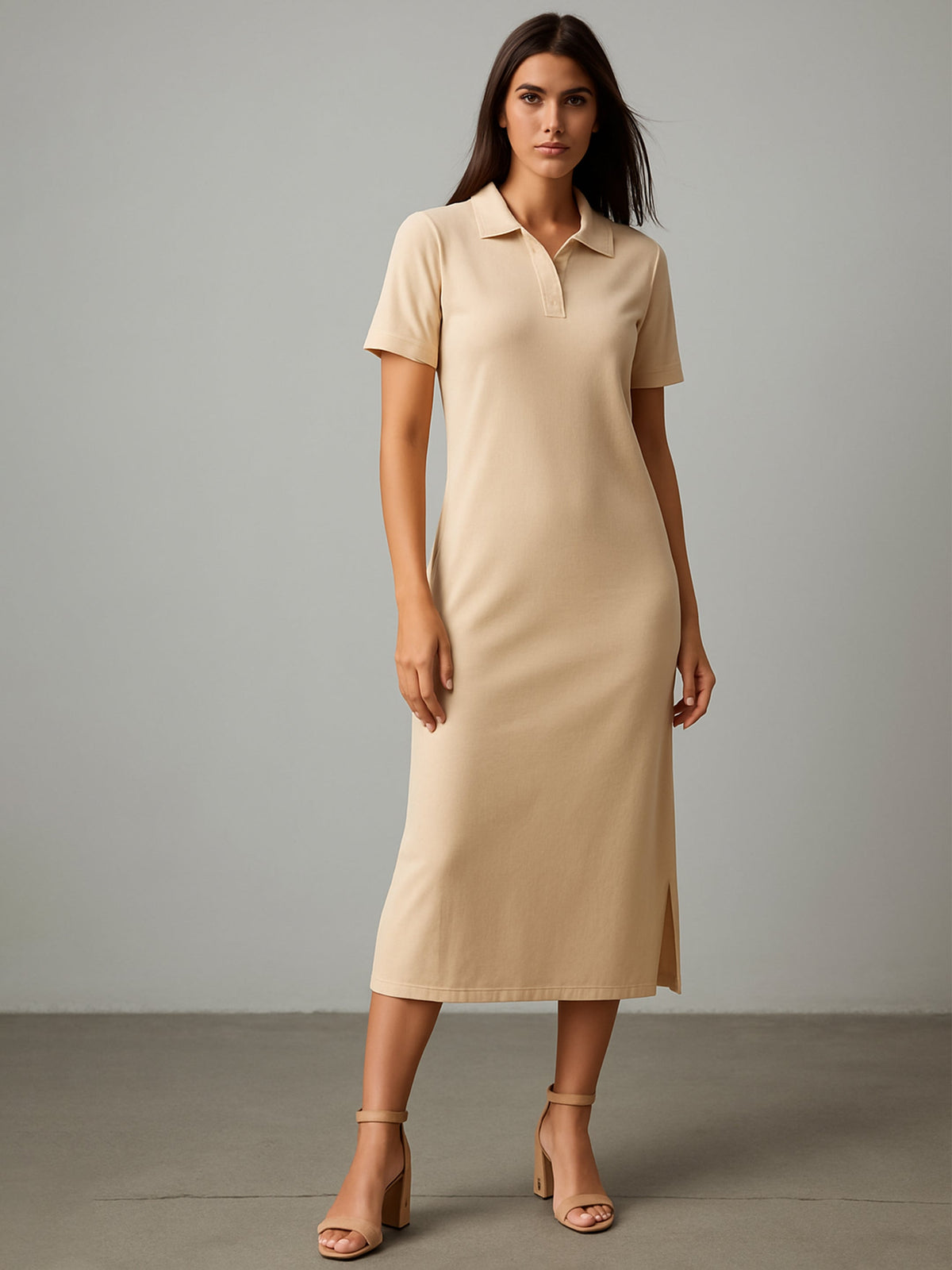 Beige Polo Collar Neck T-Shirt Dress-SASSAFRAS