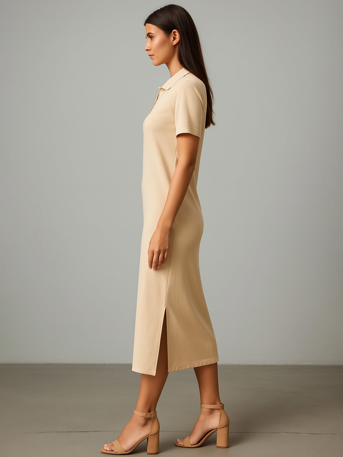 Beige Polo Collar Neck T-Shirt Dress-SASSAFRAS