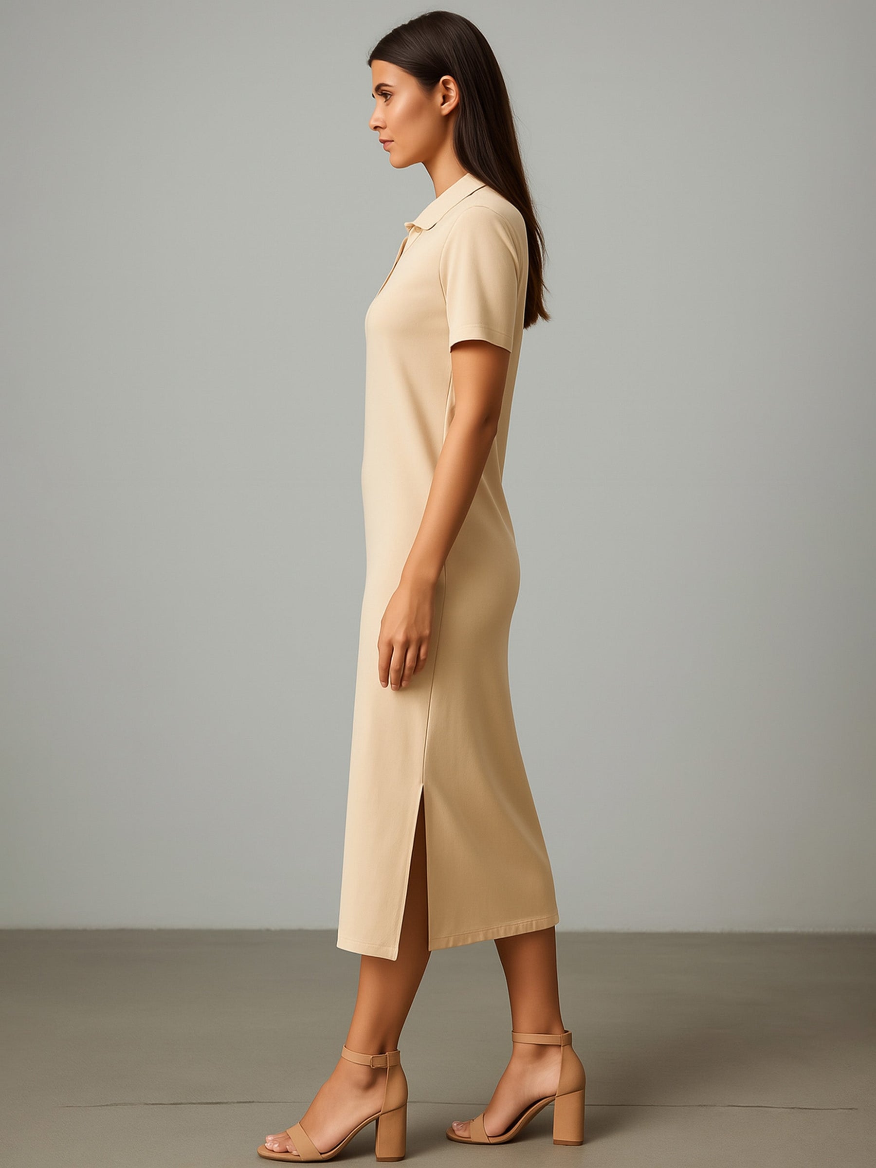 Beige Polo Collar Neck T-Shirt Dress-SASSAFRAS