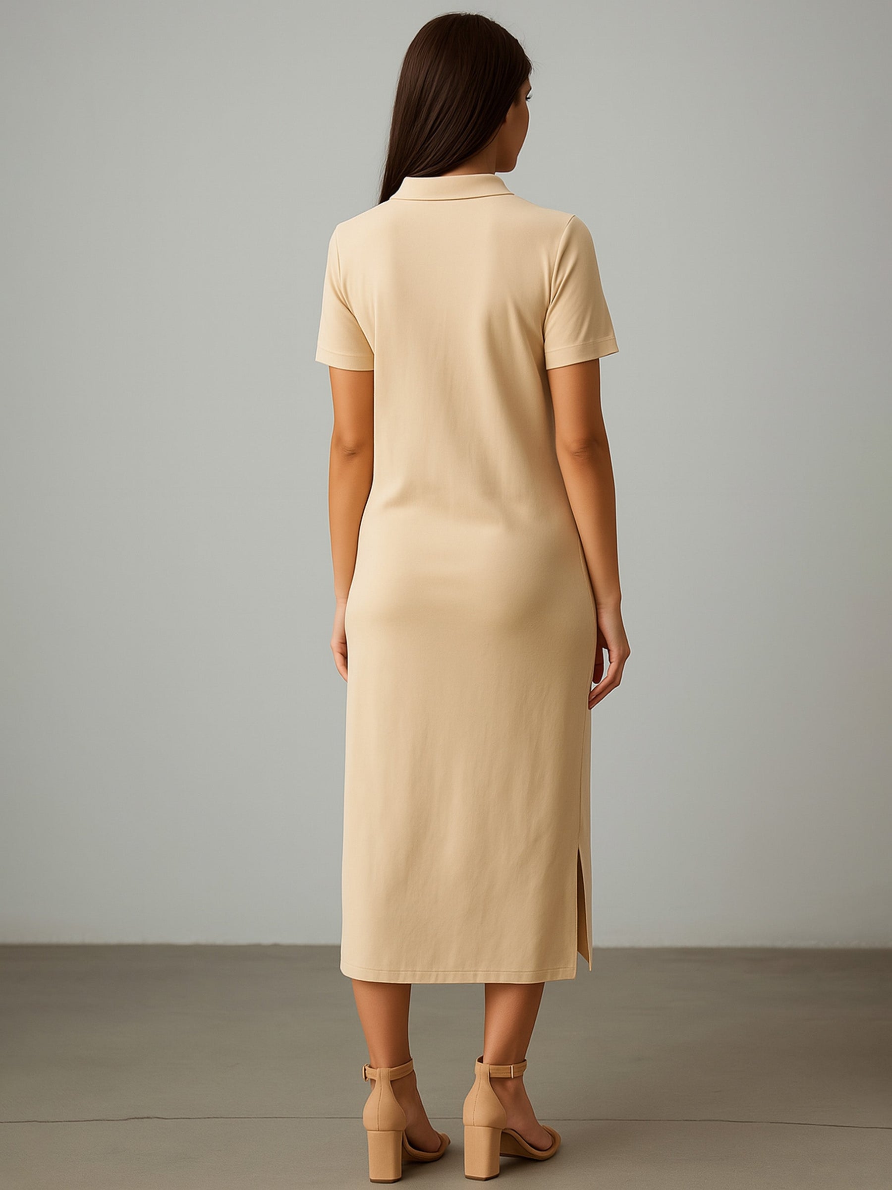 Beige Polo Collar Neck T-Shirt Dress-SASSAFRAS
