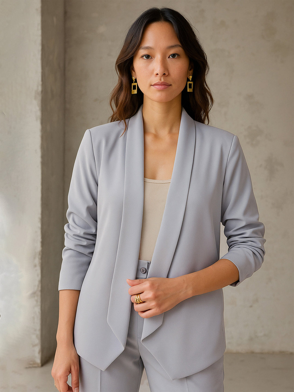 Grey Lapel Collar Front Open Blazer-SASSAFRAS worklyf