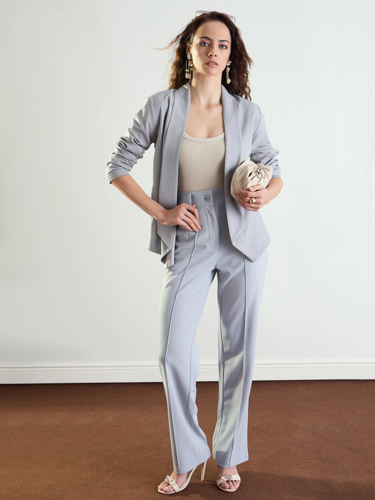 Grey Lapel Collar Front Open Blazer-SASSAFRAS worklyf