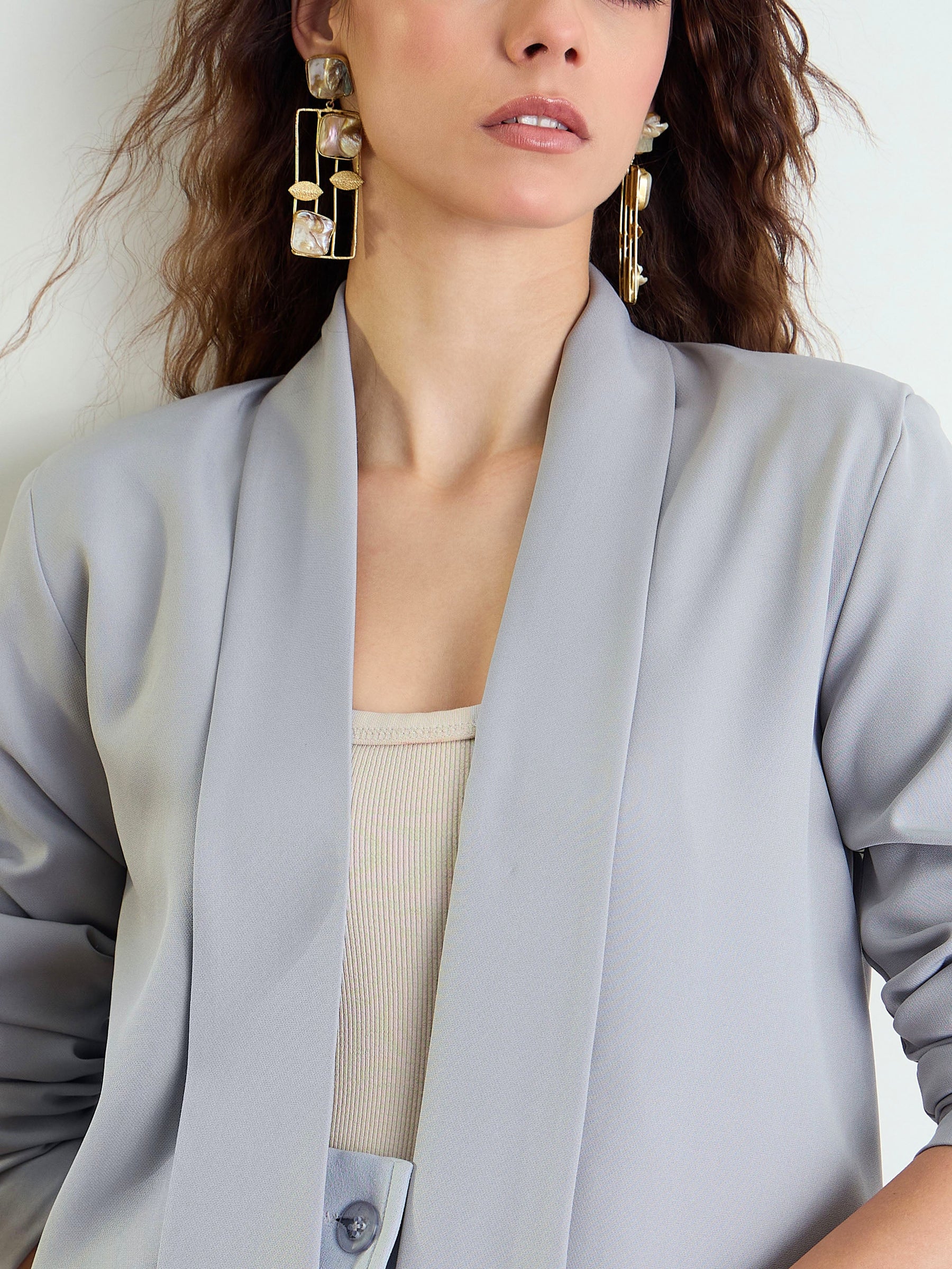 Grey Lapel Collar Front Open Blazer-SASSAFRAS worklyf