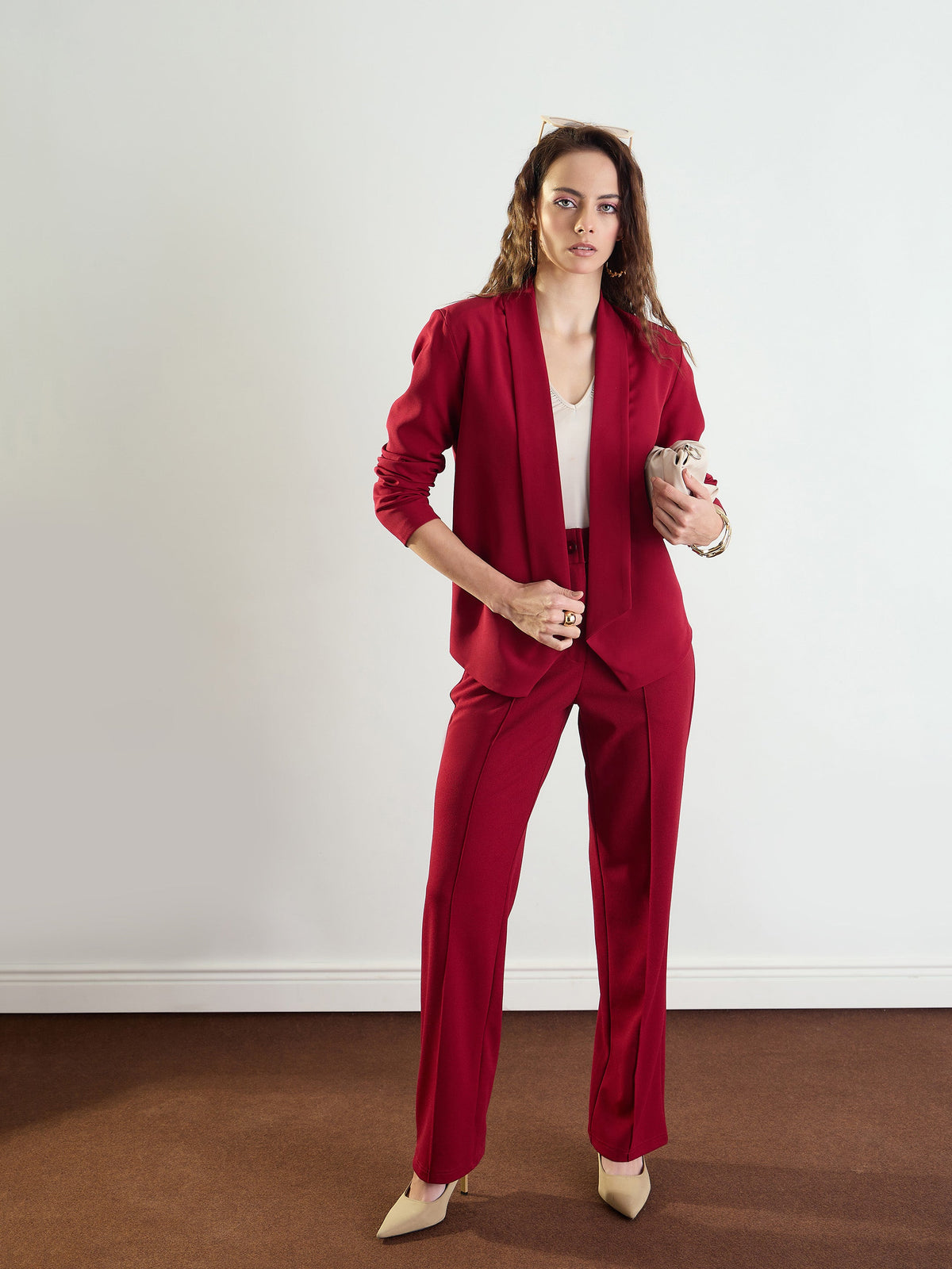 Maroon Lapel Collar Front Open Blazer-SASSAFRAS worklyf