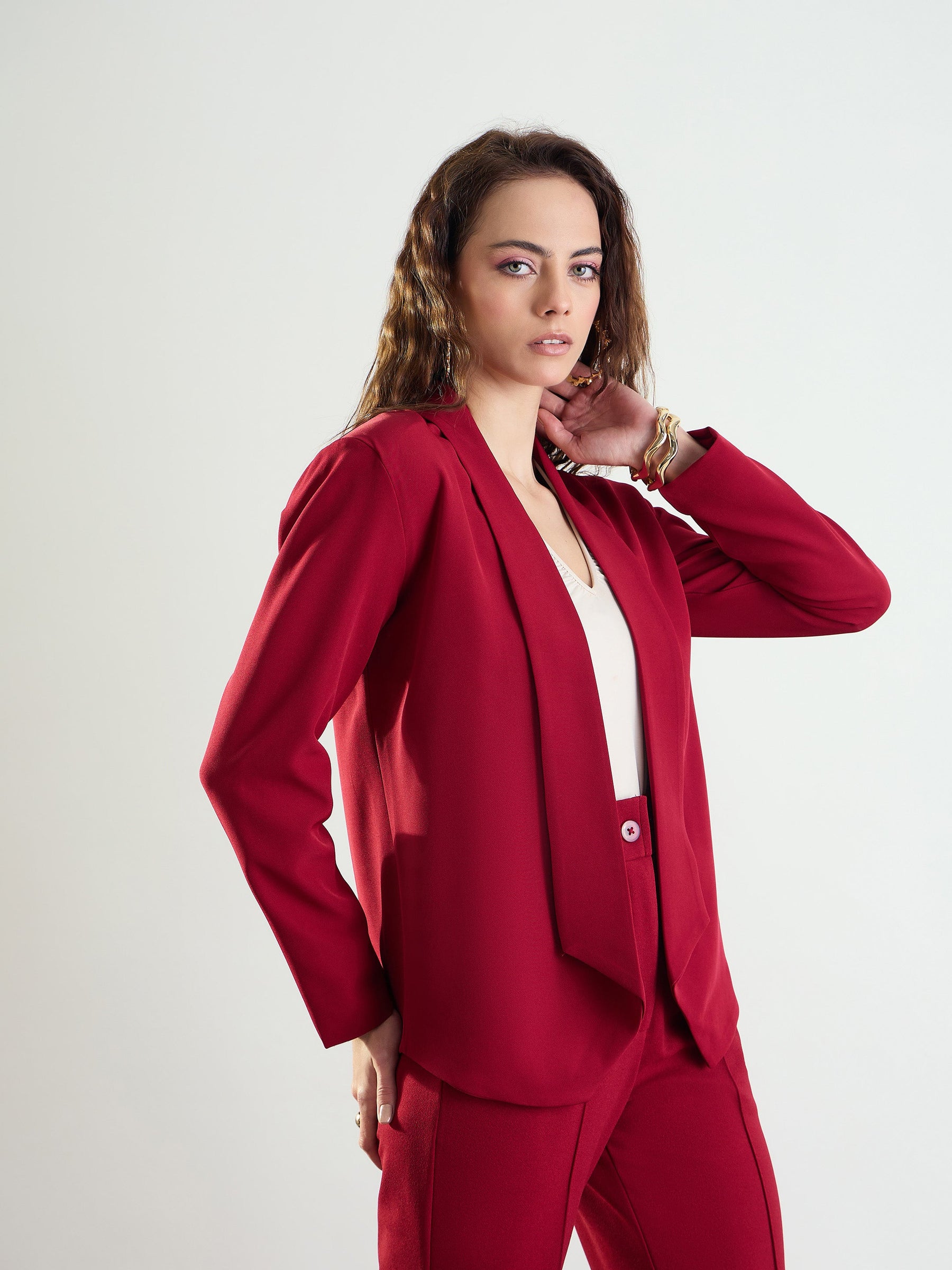Maroon Lapel Collar Front Open Blazer-SASSAFRAS worklyf