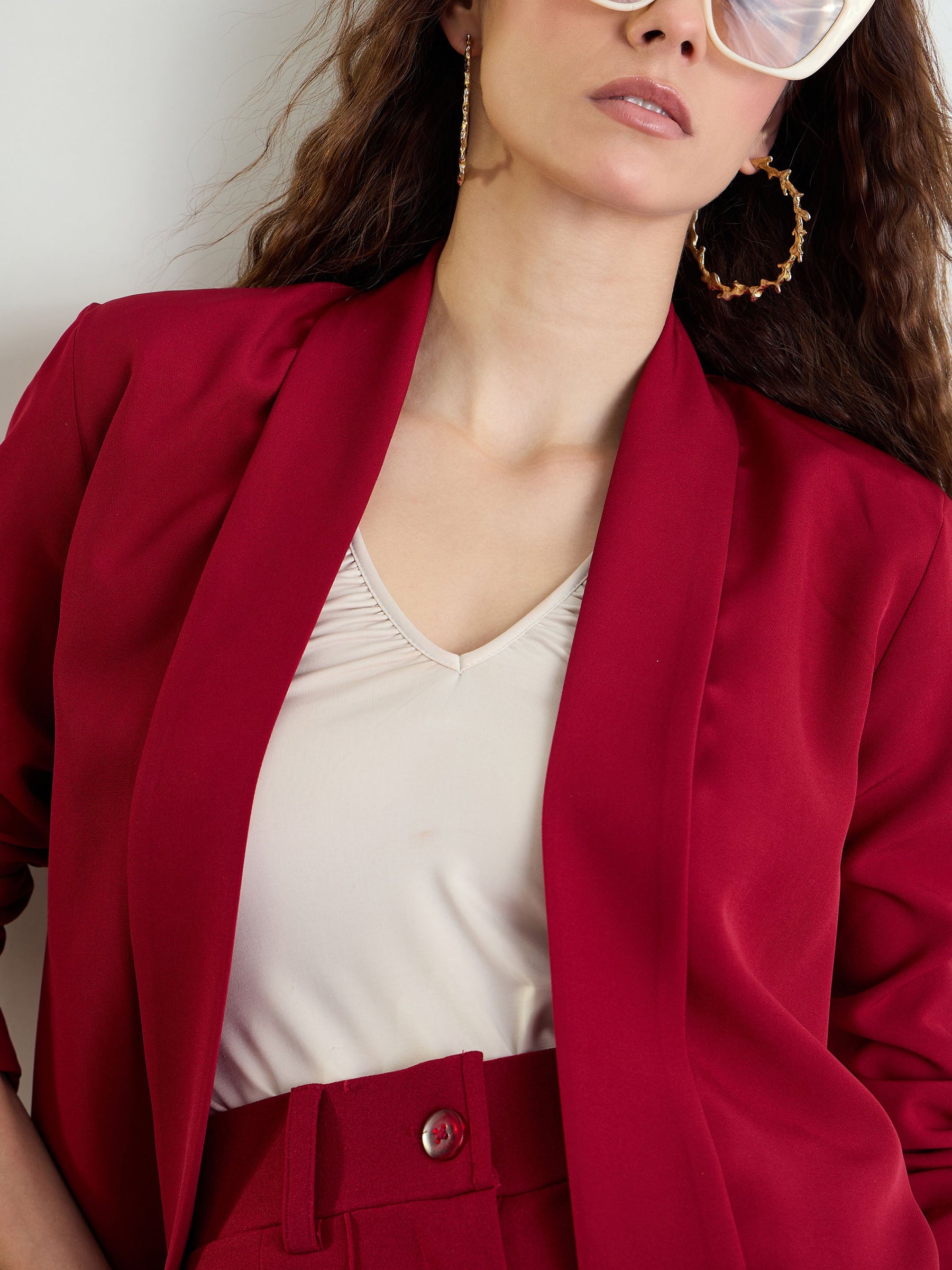 Maroon Lapel Collar Front Open Blazer-SASSAFRAS worklyf