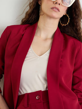 Maroon Lapel Collar Front Open Blazer-SASSAFRAS worklyf