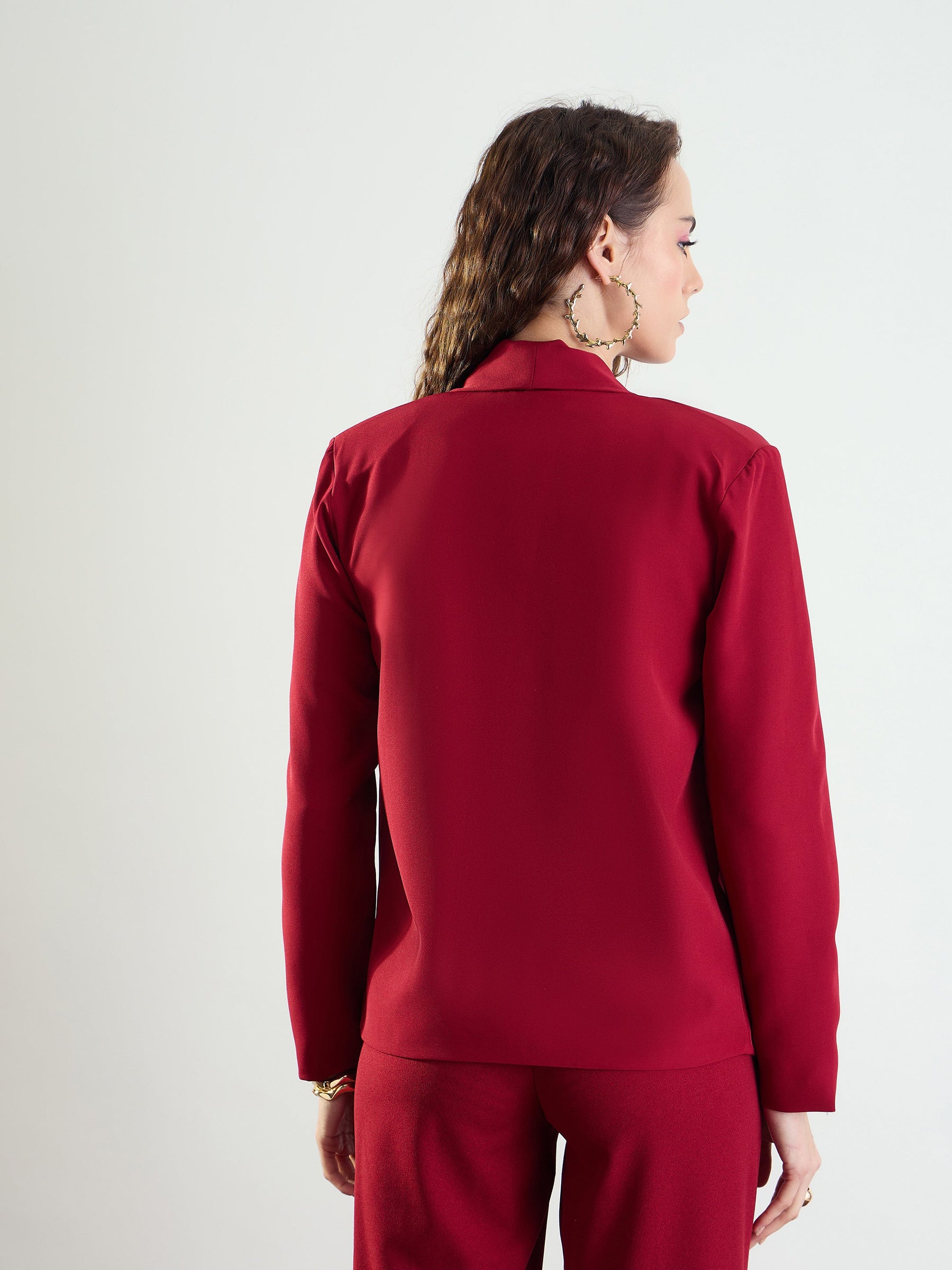 Maroon Lapel Collar Front Open Blazer-SASSAFRAS worklyf