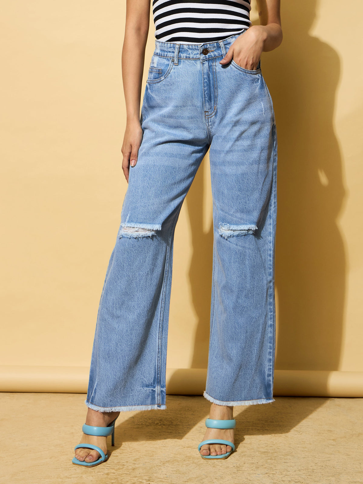 Light Blue Distressed Slashed Knee Frayed Jeans-SASSAFRAS BASICS