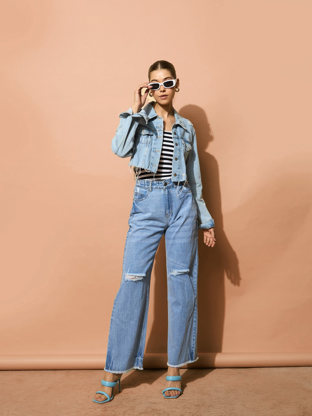 Light Blue Distressed Slashed Knee Frayed Jeans-SASSAFRAS BASICS