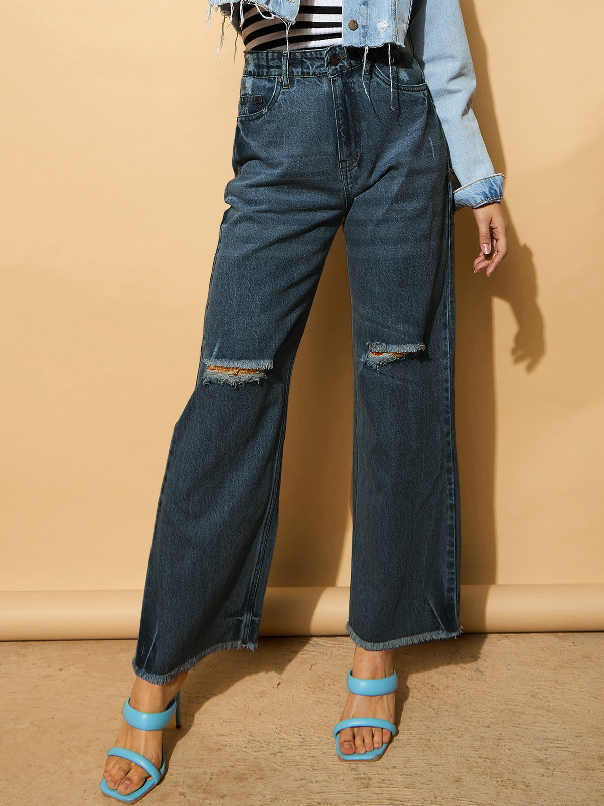 Navy Blue Distressed Slashed Knee Frayed Jeans-SASSAFRAS BASICS