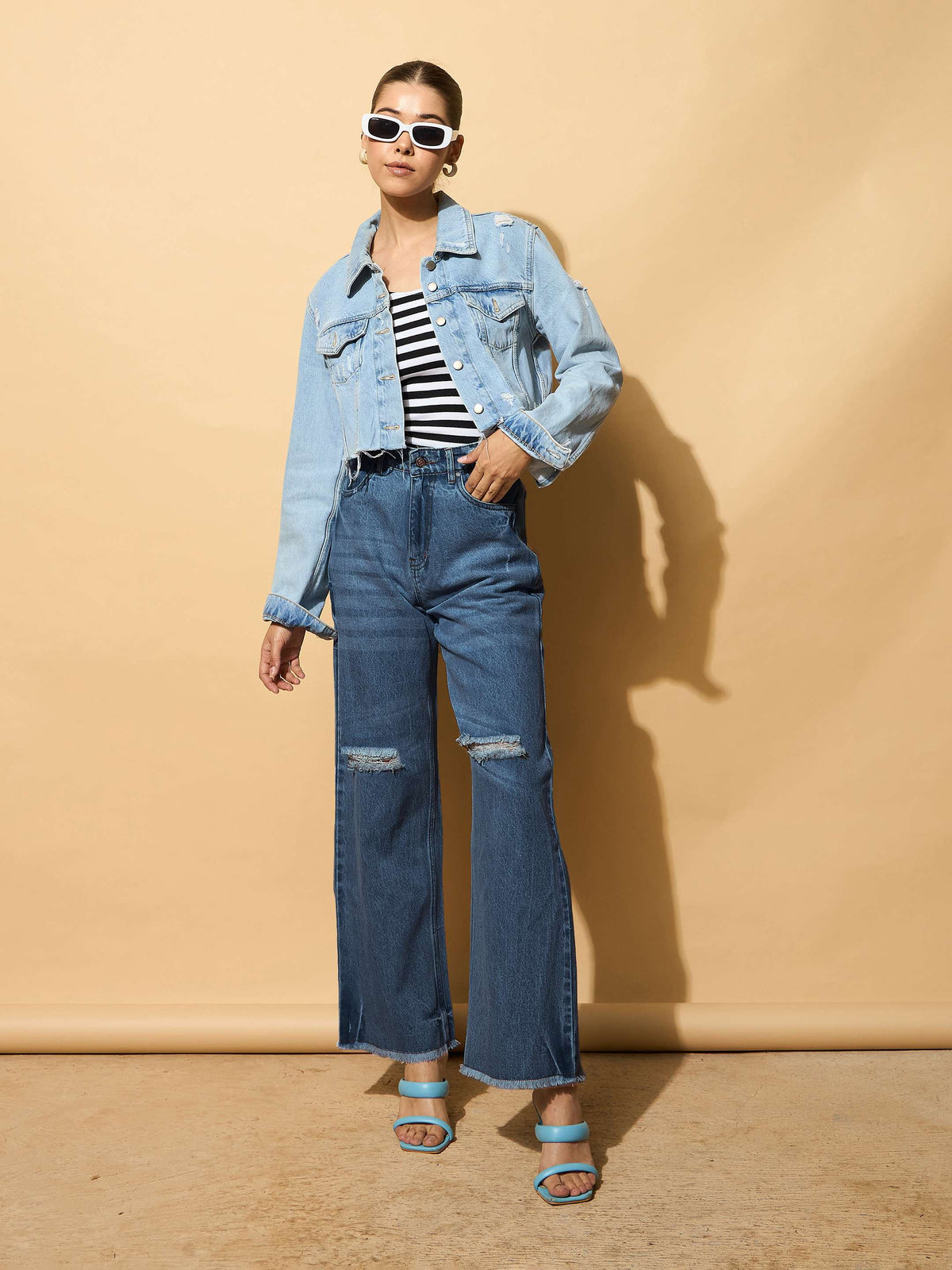 Navy Blue Distressed Slashed Knee Frayed Jeans-SASSAFRAS BASICS