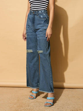 Navy Blue Distressed Slashed Knee Frayed Jeans-SASSAFRAS BASICS