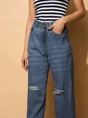 Navy Blue Distressed Slashed Knee Frayed Jeans-SASSAFRAS BASICS