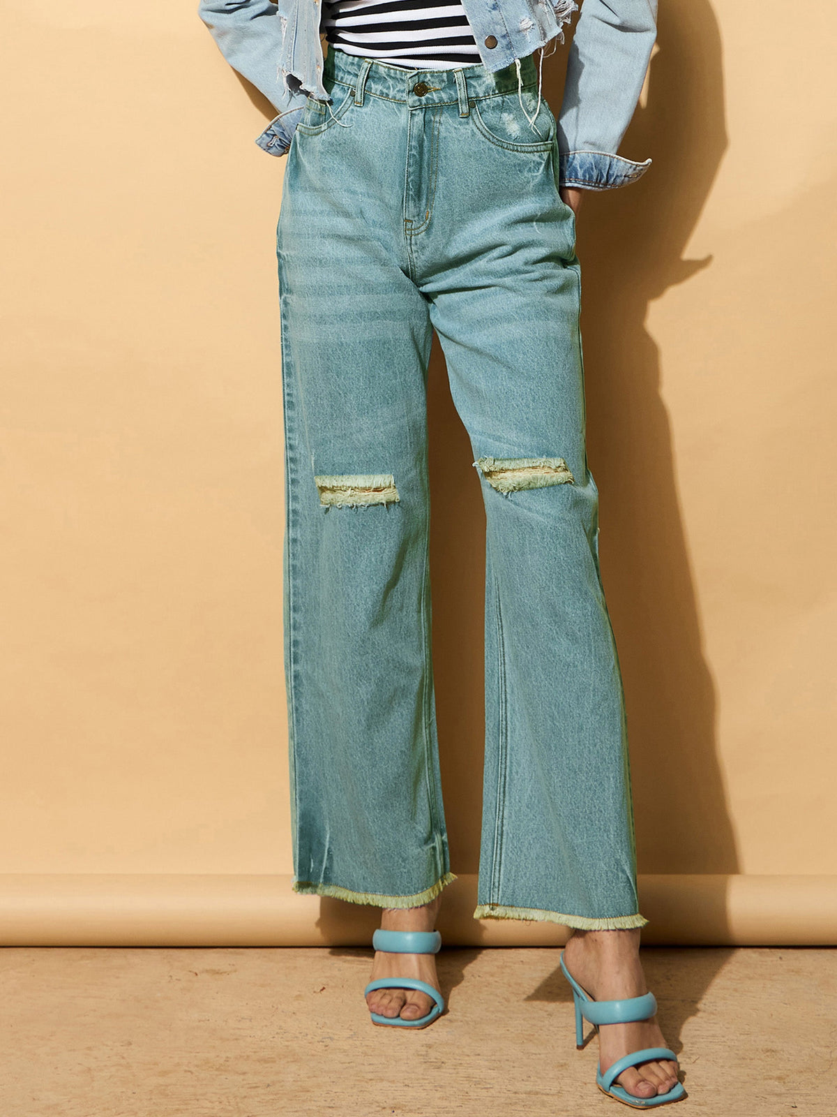 Turquoise Blue Wash Distressed Slashed Knee Frayed Jeans-SASSAFRAS BASICS