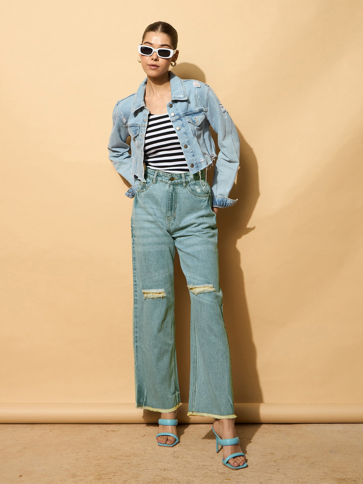 Turquoise Blue Wash Distressed Slashed Knee Frayed Jeans-SASSAFRAS BASICS
