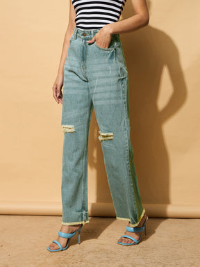 Turquoise Blue Wash Distressed Slashed Knee Frayed Jeans-SASSAFRAS BASICS