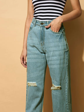Turquoise Blue Wash Distressed Slashed Knee Frayed Jeans-SASSAFRAS BASICS