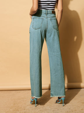 Turquoise Blue Wash Distressed Slashed Knee Frayed Jeans-SASSAFRAS BASICS