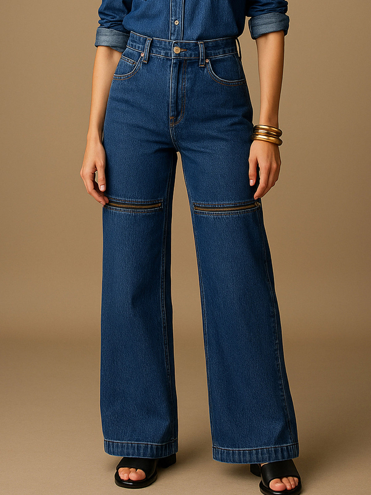 Blue Zipper Design Baggy Jeans-SASSAFRAS