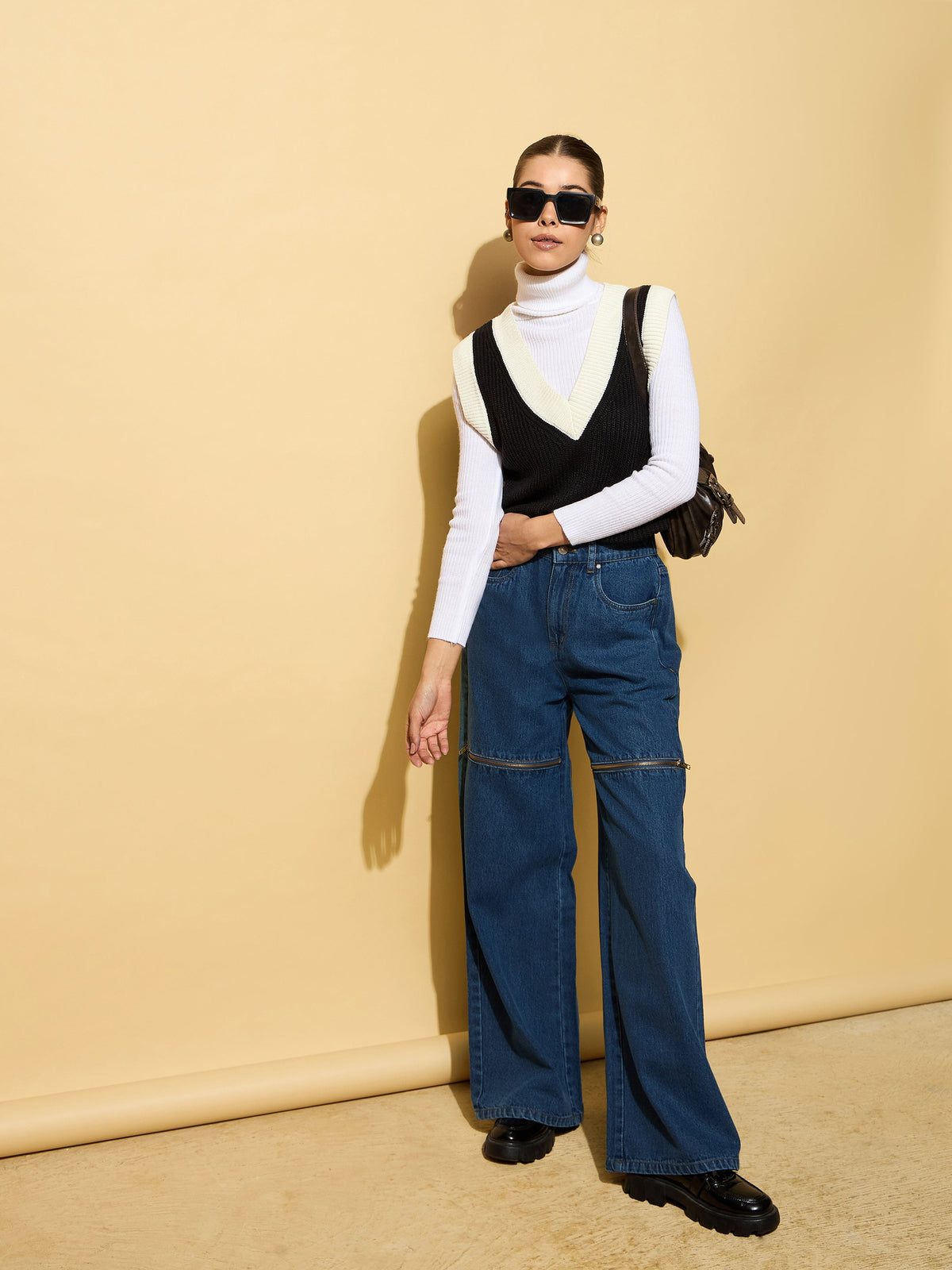 Blue Zipper Design Baggy Jeans-SASSAFRAS