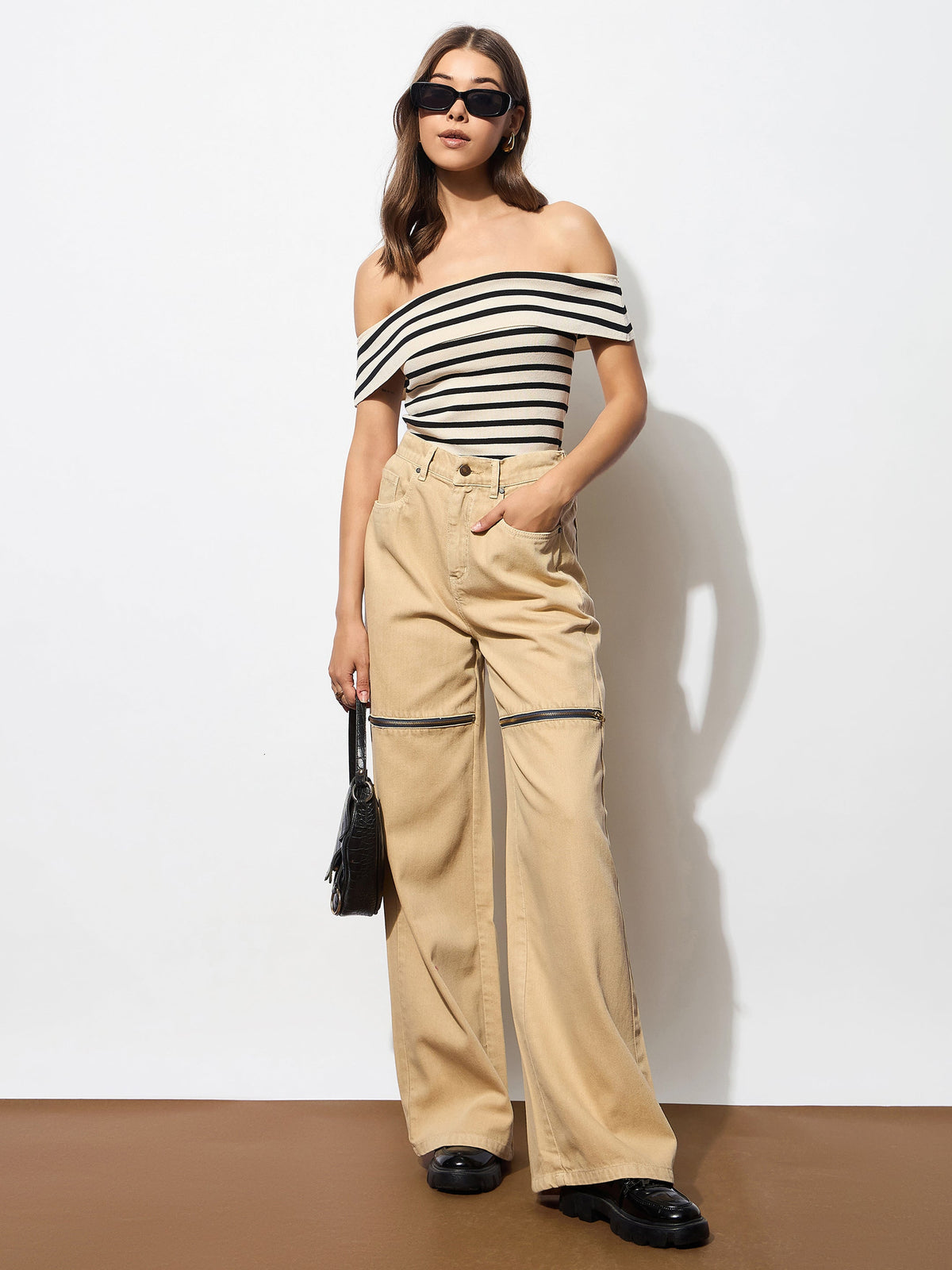 Beige Zipper Design Baggy Jeans-SASSAFRAS