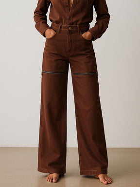 Brown Zipper Design Baggy Jeans-SASSAFRAS