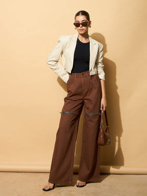 Brown Zipper Design Baggy Jeans-SASSAFRAS