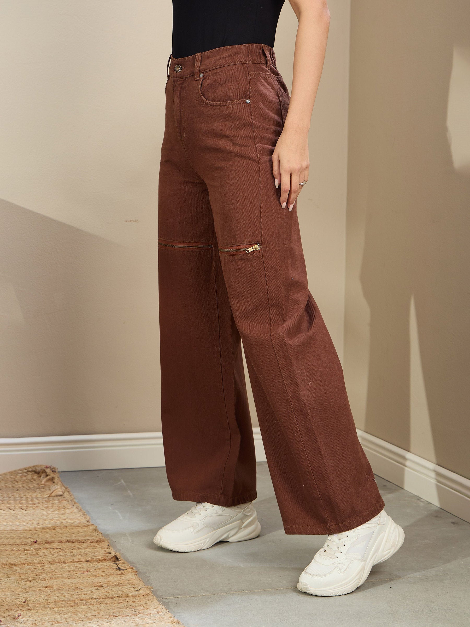 Brown Zipper Design Baggy Jeans-SASSAFRAS