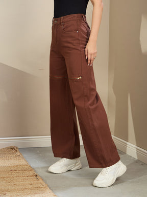 Brown Zipper Design Baggy Jeans-SASSAFRAS
