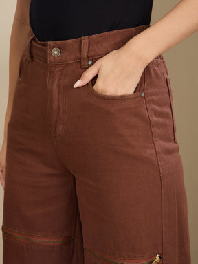 Brown Zipper Design Baggy Jeans-SASSAFRAS