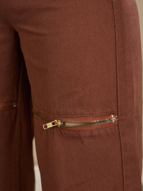 Brown Zipper Design Baggy Jeans-SASSAFRAS