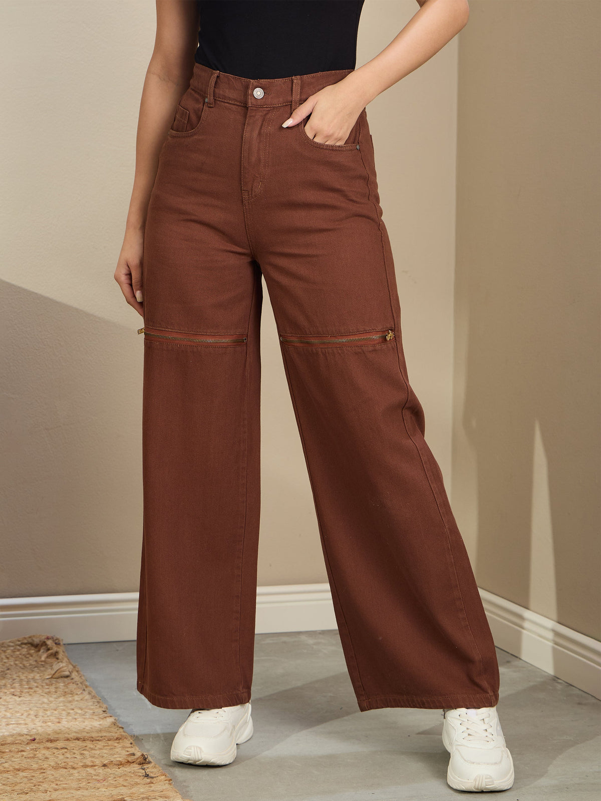 Brown Zipper Design Baggy Jeans-SASSAFRAS BASICS