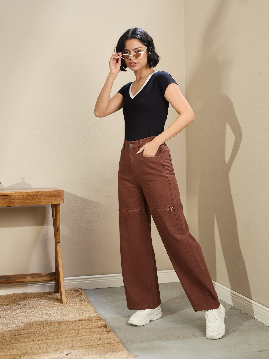 Brown Zipper Design Baggy Jeans-SASSAFRAS BASICS