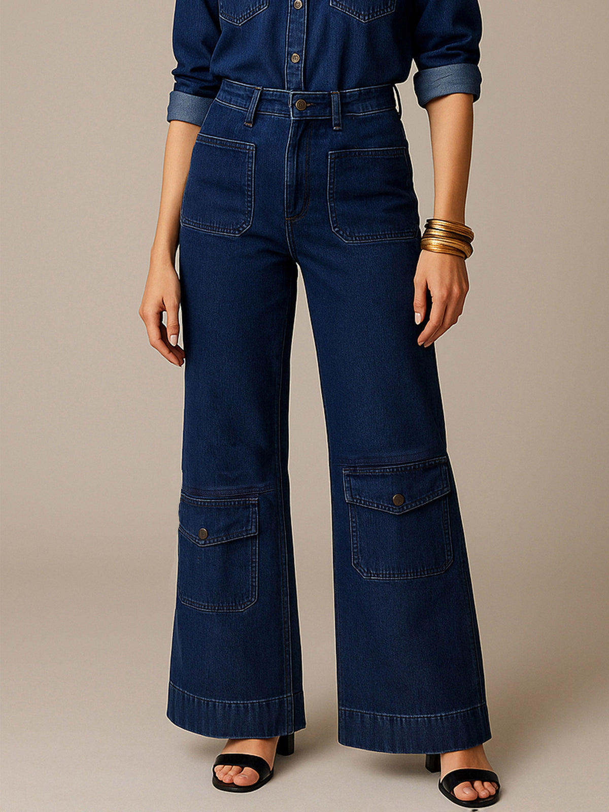 Navy Blue Multi Pocket Stretch Straight Jeans-SASSAFRAS