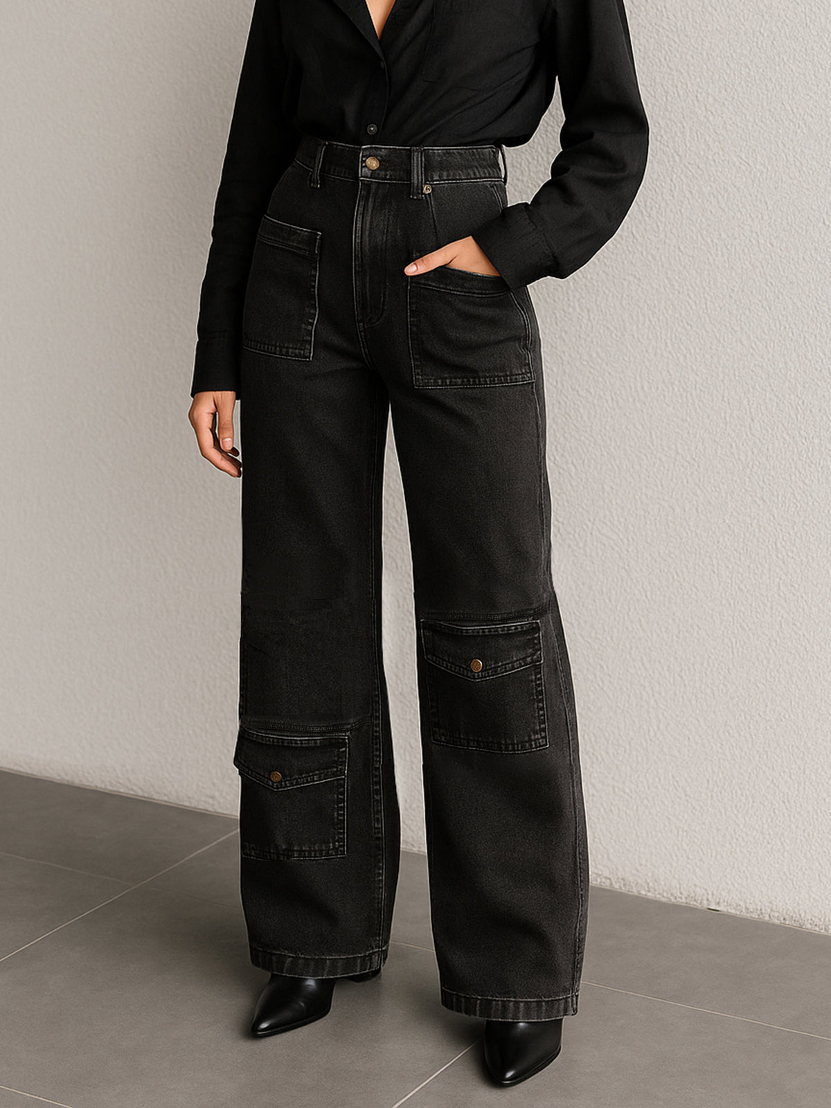Black Wash Multi Pocket Stretch Straight Jeans-SASSAFRAS