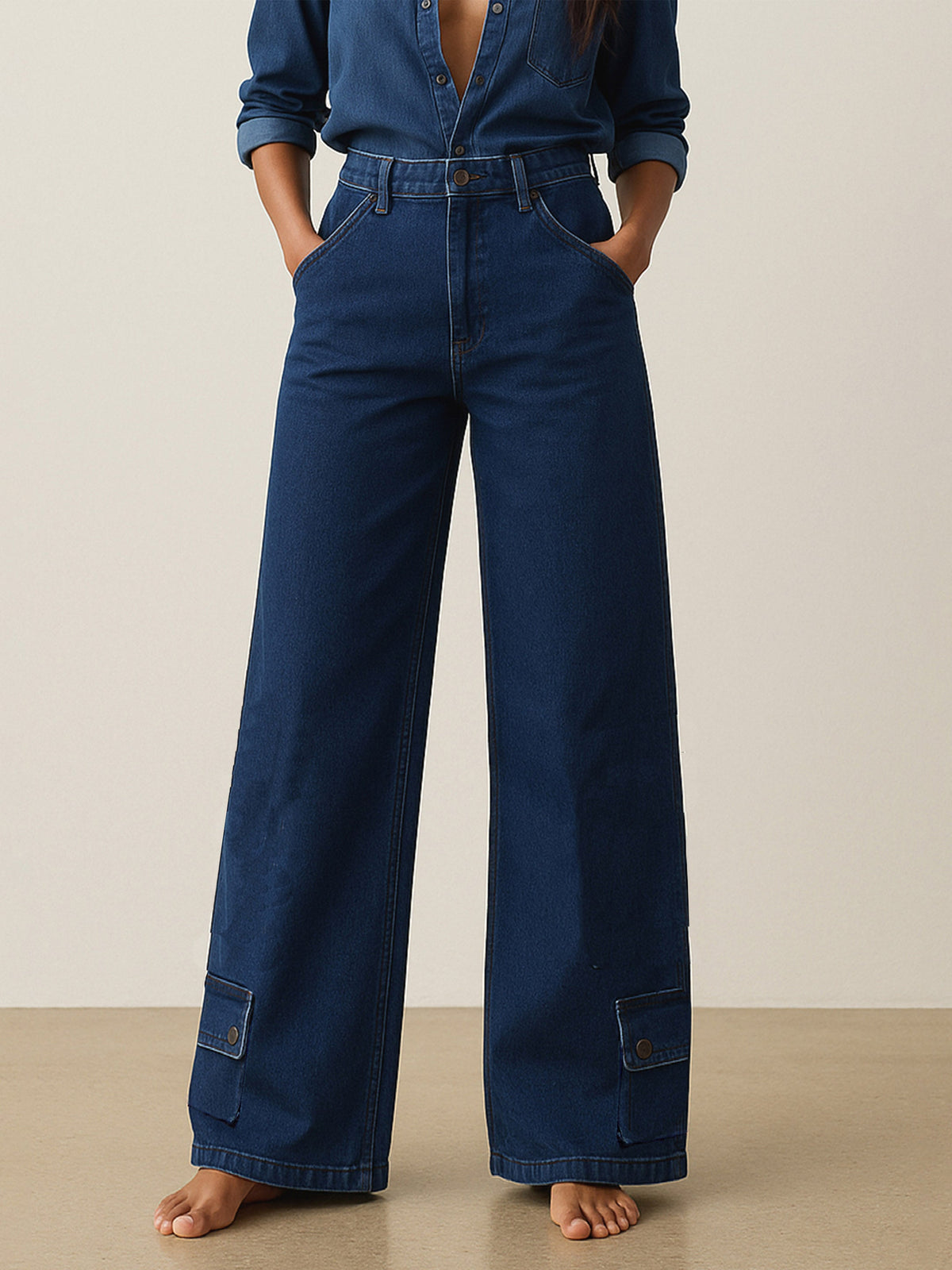 Blue Washed Hem Pocket Stretch Straight Jeans-SASSAFRAS