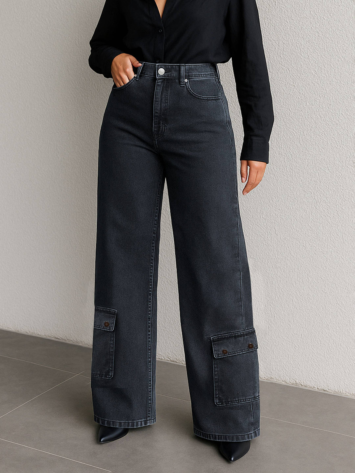 Black Washed Hem Pocket Stretch Straight Jeans-SASSAFRAS