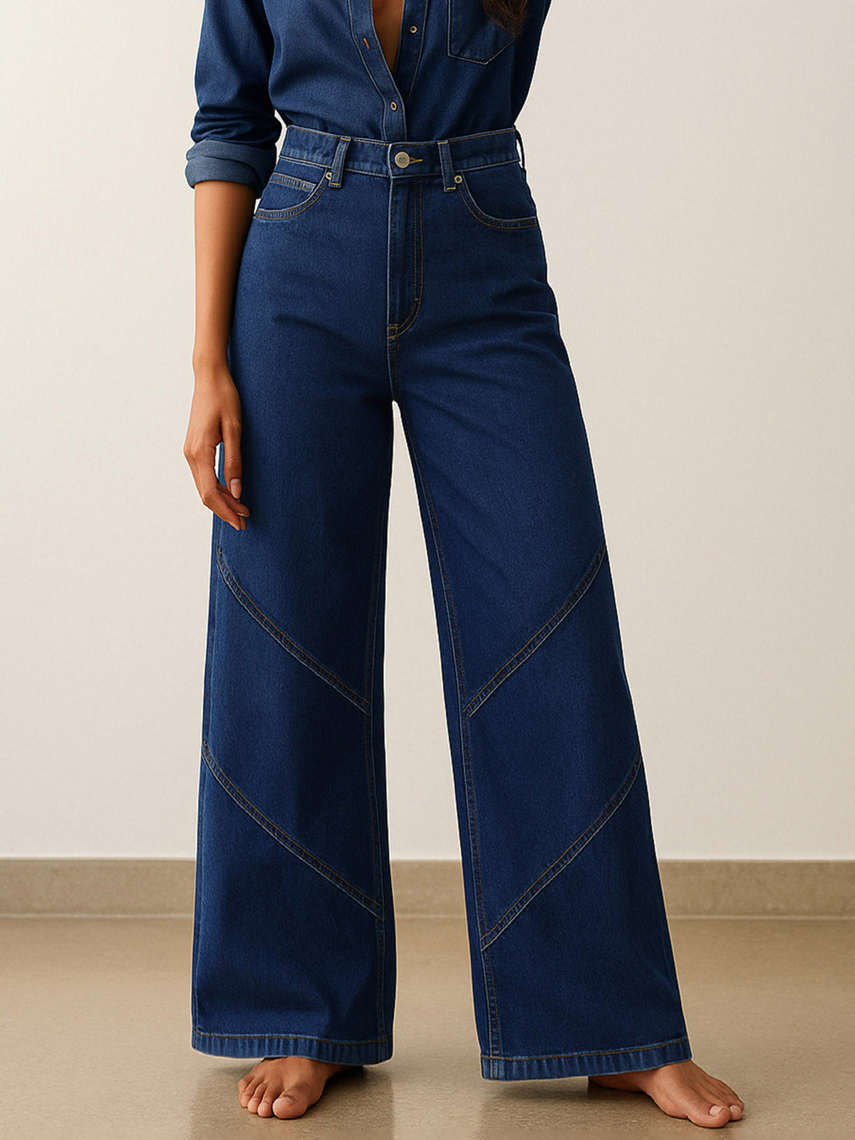 Navy High-Rise Stitch Detail Straight Jeans-SASSAFRAS